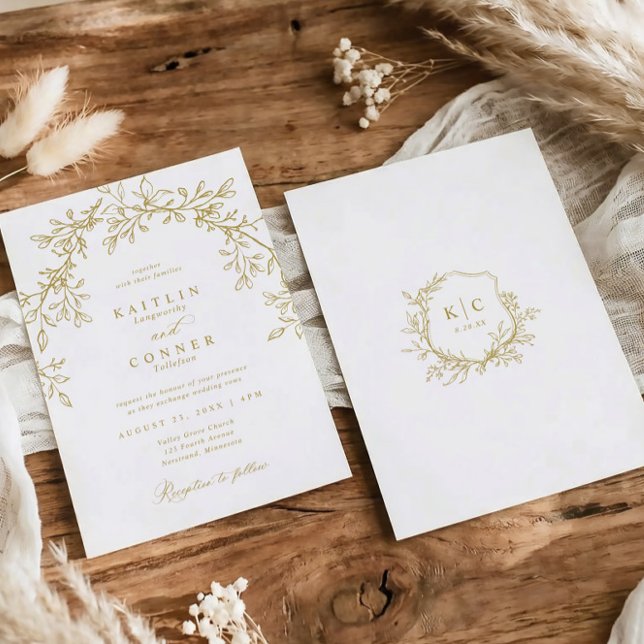 Convites Casamento Botânico Dourado com Brasão Vintage Eleg (Elegant wedding invitations - boho botanical crest in gold)