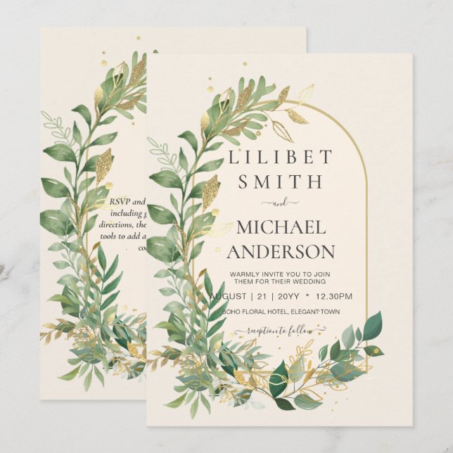 Convites Casamento Botânico Dourado com Creme Moderno (Frente/Verso)