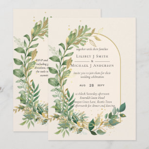 Convites Casamento Botânico Dourado com Creme Moderno