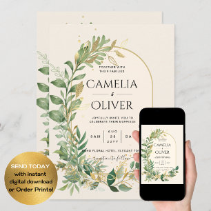 Convites Casamento Botânico Dourado com Creme Moderno
