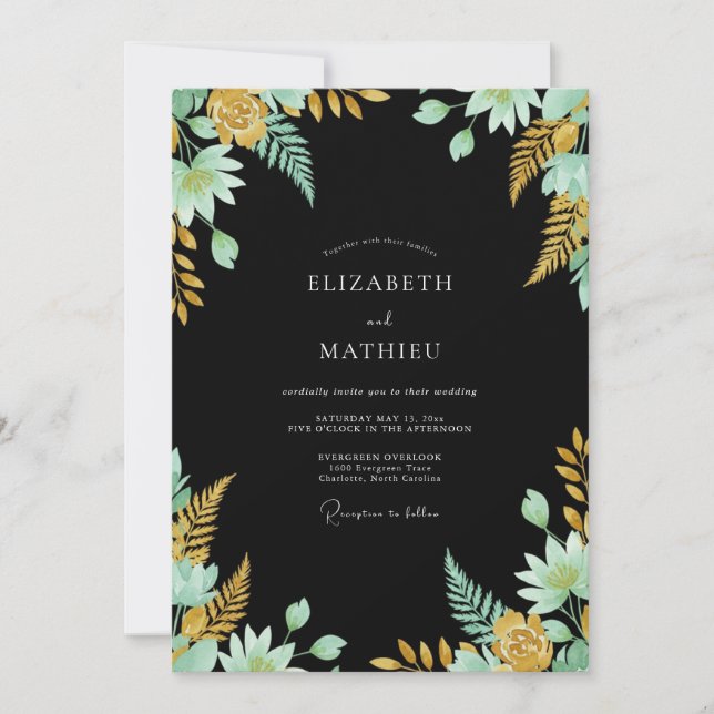 Convites Casamento Botânico Dourado de Hortelã Preto (Frente)