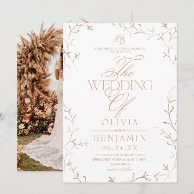 Convites Casamento Botânico Dourado e Branco de Devine (Frente/Verso)