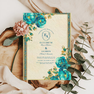 Convites Casamento Botânico Dourado e Teal