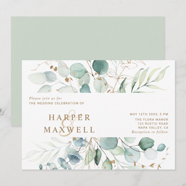 Convites Casamento Botânico Dourado e Verde por Aquarela (Frente/Verso)