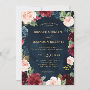 Convites Casamento Botânico Dourado Floral Blush Marinho Bu
