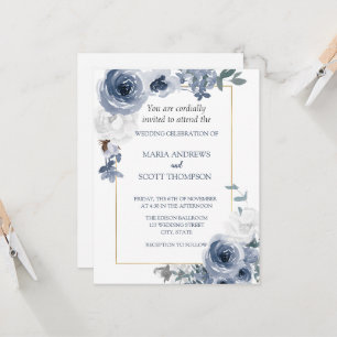Convites Casamento Botânico Dourado Floral Branco E Azul