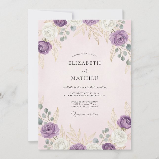 Convites Casamento Botânico Dourado Lavanda (Frente)