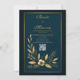 Convites Casamento Botânico Dourado Moody Navy