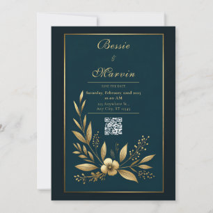 Convites Casamento Botânico Dourado Moody Navy