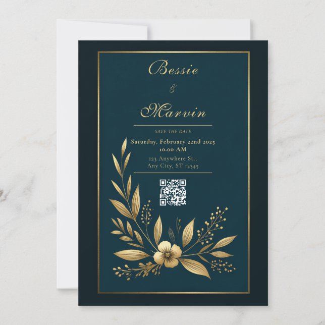 Convites Casamento Botânico Dourado Moody Navy (Frente)