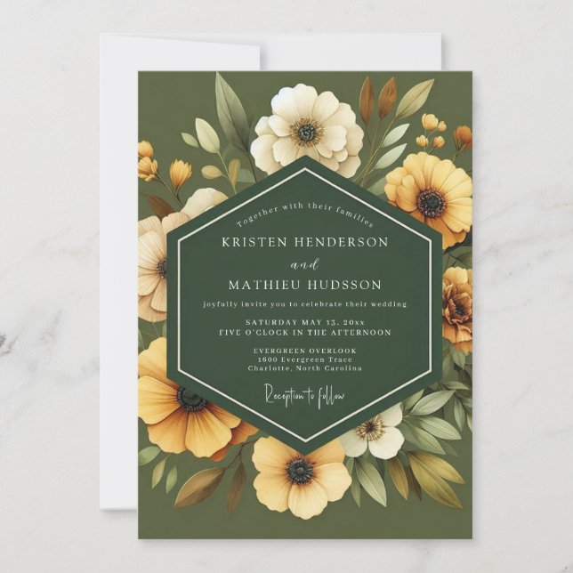 Convites Casamento Botânico Dourado Oliva (Frente)