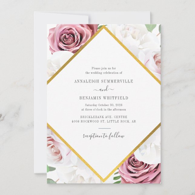 Convites Casamento Botânico Dourado Rosa Geométrico Elegant (Frente)