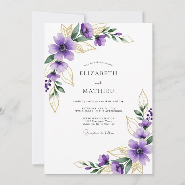 Convites Casamento Botânico Dourado Roxo (Frente)