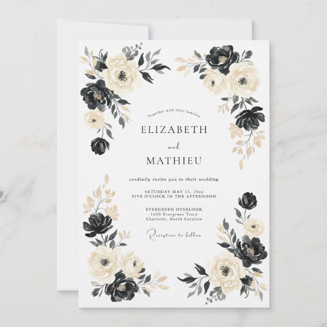 Convites Casamento Botânico Dramático Preto Creme (Frente)