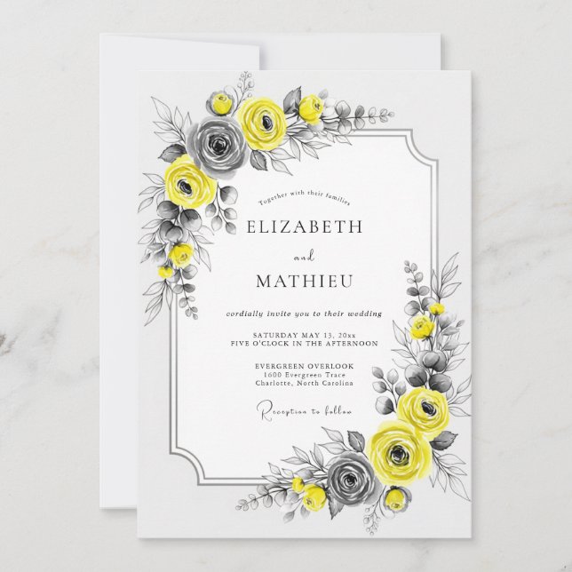 Convites Casamento Botânico Elegante Amarelo (Frente)