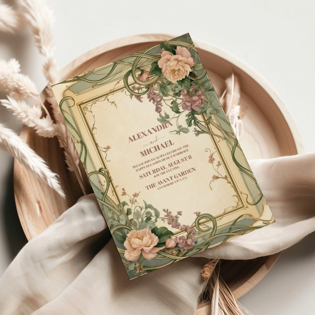 Convites Casamento Botânico Elegante Art Nouveau (Criador carregado)