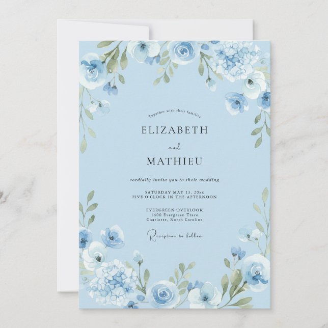 Convites Casamento Botânico Elegante Azul Céu (Frente)