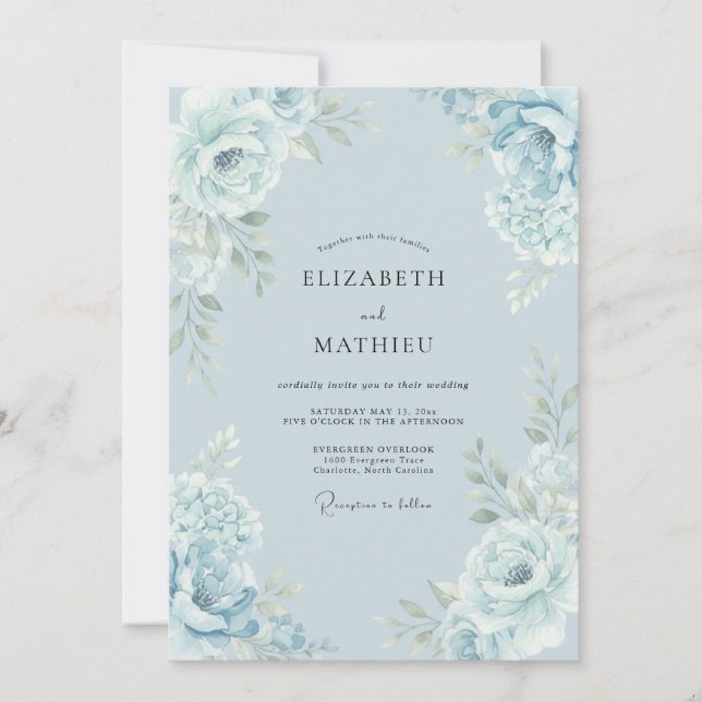 Convites Casamento Botânico Elegante Azul Claro (Frente)
