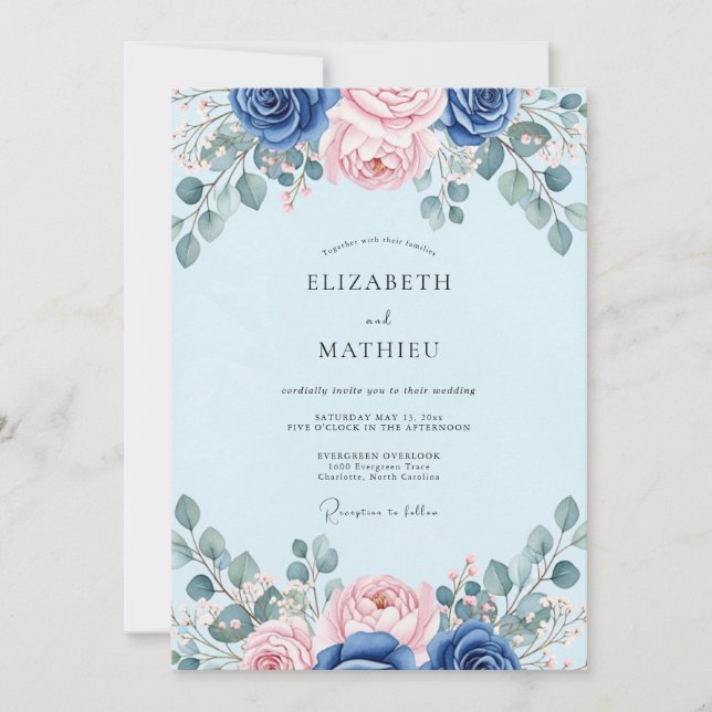 Convites Casamento Botânico Elegante Azul Claro (Frente)