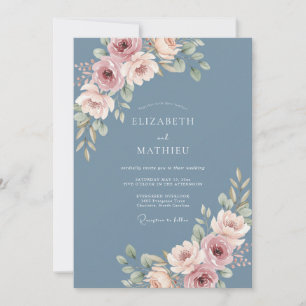 Convites Casamento Botânico Elegante Azul Empoeirado