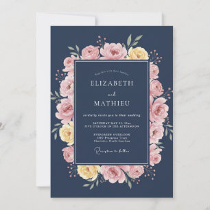 Convites Casamento Botânico Elegante Azul-Naval