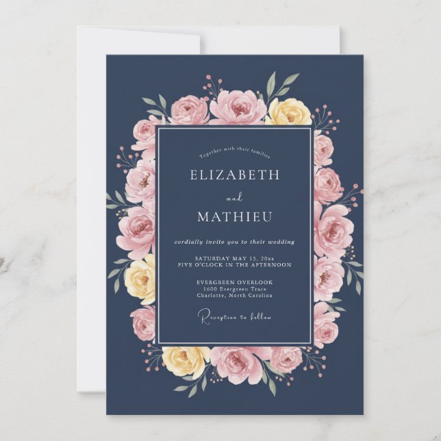 Convites Casamento Botânico Elegante Azul-Naval (Frente)