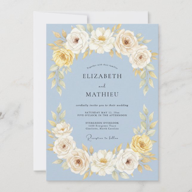 Convites Casamento Botânico Elegante Azul Pó (Frente)