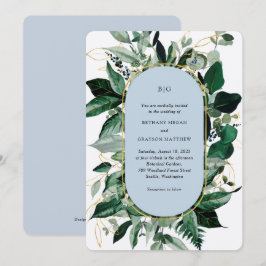 Convites Casamento Botânico Elegante Azul Poeirento Moderno