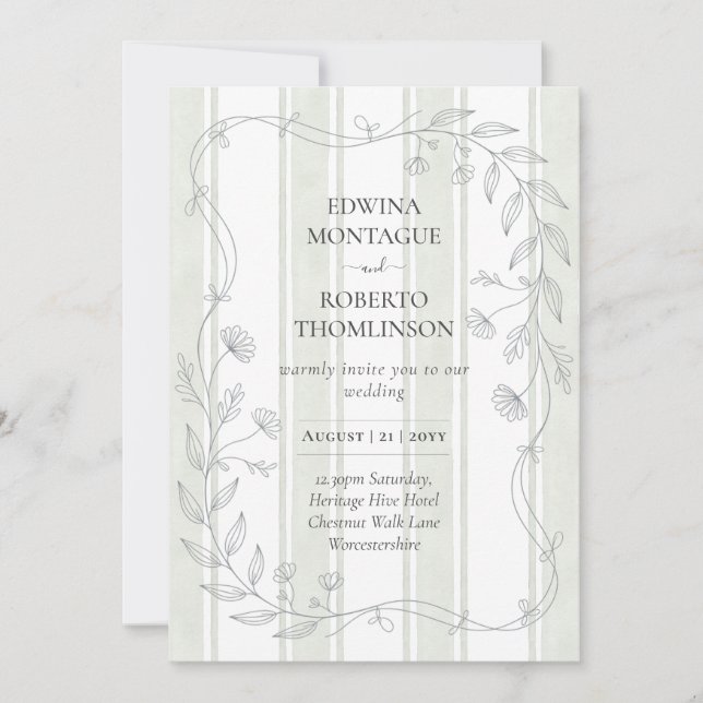 Convites Casamento Botânico Elegante com Listras Sage Herit (Frente)