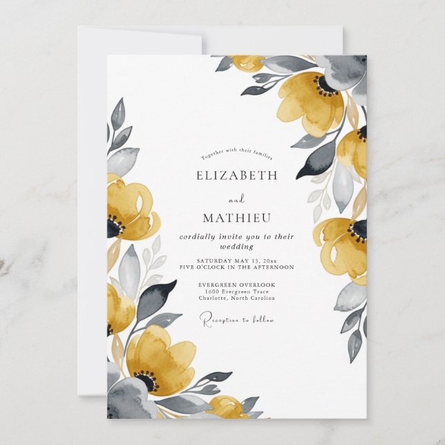 Convites Casamento Botânico Elegante com Mostarda (Frente)