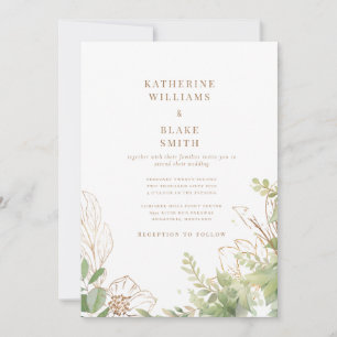 Convites Casamento Botânico Elegante Com Texto Dourado 