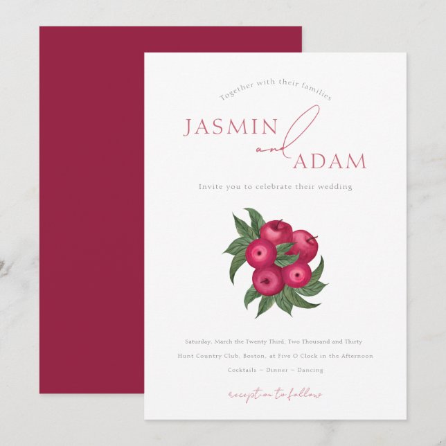 Convites Casamento Botânico Elegante de Cranberry e Maçã (Frente/Verso)
