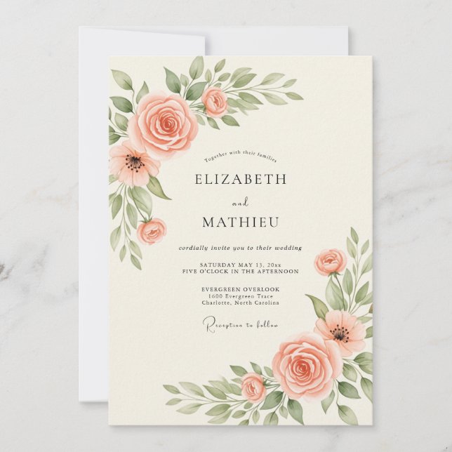 Convites Casamento Botânico Elegante de Salmão (Frente)