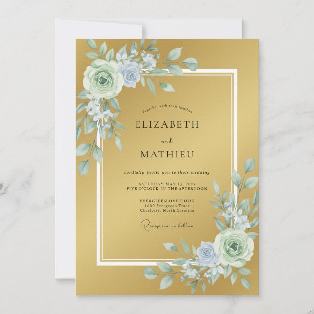 Convites Casamento Botânico Elegante Dourado (Frente)