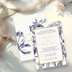 Convites Casamento Botânico Elegante Dourado e Azul
