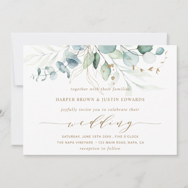 Convites Casamento Botânico Elegante Dourado e Verde (Frente)