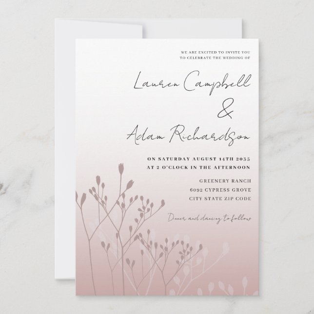 Convites Casamento Botânico Elegante em Dourado Rosa (Frente)