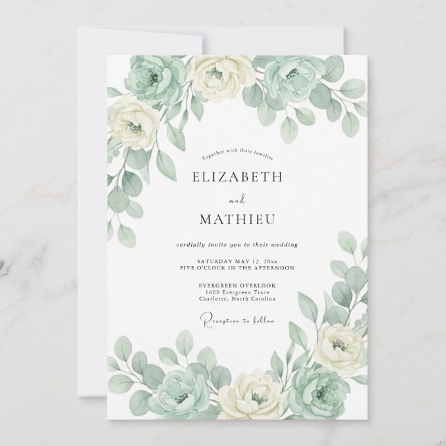 Convites Casamento Botânico Elegante em Verde Menta (Frente)