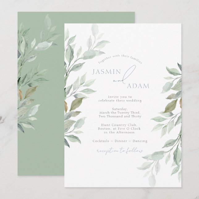 Convites Casamento Botânico Elegante em Verde Sage (Frente/Verso)