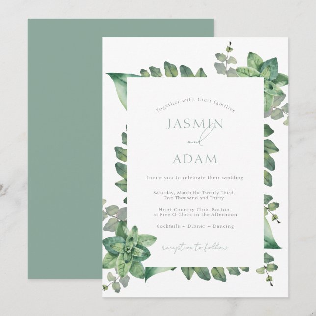 Convites Casamento Botânico Elegante em Verde Sage (Frente/Verso)