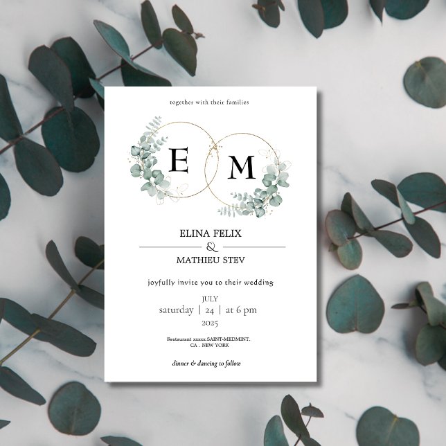 Convites Casamento botânico Elegante Eucalyptus Monograma (Criador carregado)