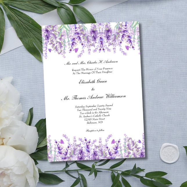 Convites Casamento Botânico Elegante Floral lavanda (Lavender Floral Botanical Elegant Watercolor Wedding Invitation)