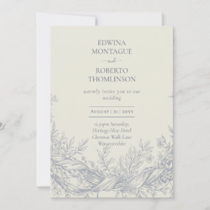Convites Casamento Botânico Elegante Gravado Heritage Blue