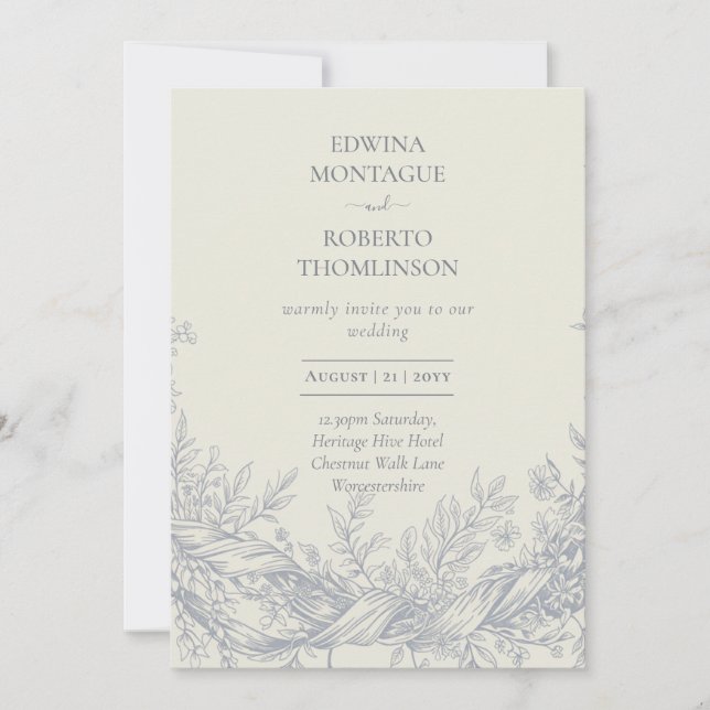Convites Casamento Botânico Elegante Gravado Heritage Blue (Frente)