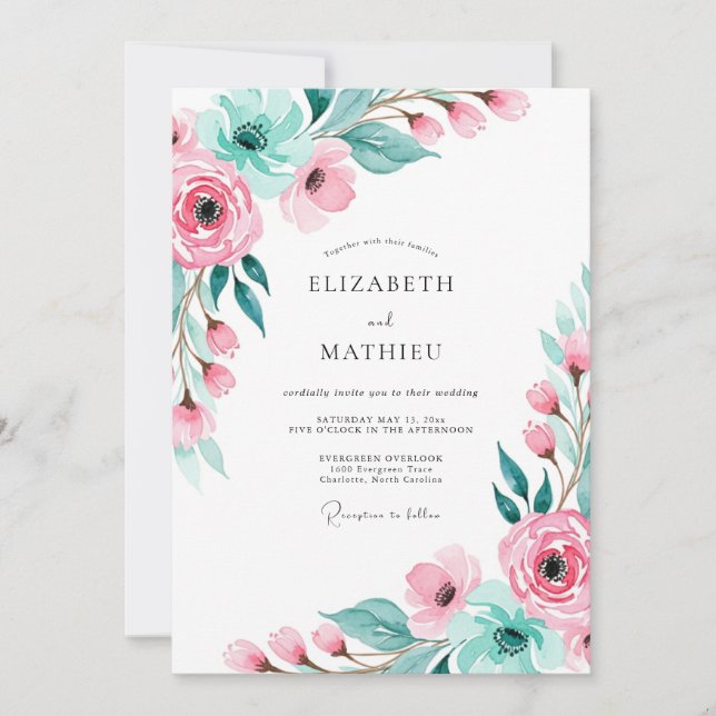Convites Casamento Botânico Elegante Rosa (Frente)