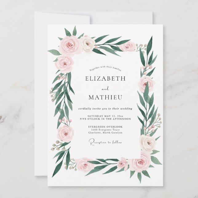 Convites Casamento Botânico Elegante Rosa Rubor (Frente)