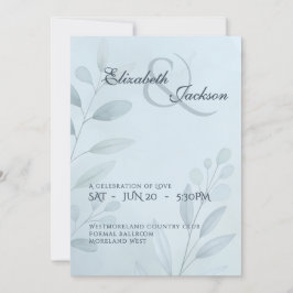 Convites Casamento Botânico Elegante Soft Cool Azul Script 
