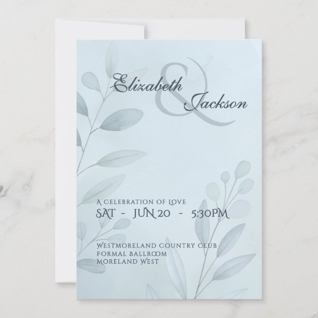 Convites Casamento Botânico Elegante Soft Cool Azul Script  (Frente)