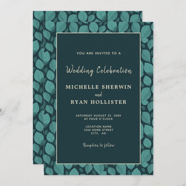 Convites Casamento Botânico Elegante Turquoise Leaf Pattern (Frente/Verso)