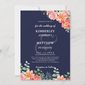Convites Casamento botânico em aquarela azul marinho rosa c